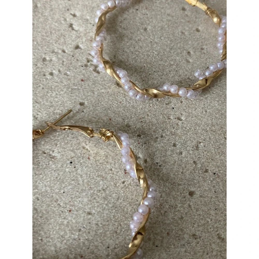 Gold Tone Twisted Hoop‎ Earrings with Faux Pearl Beads Romantic Feminine Glam